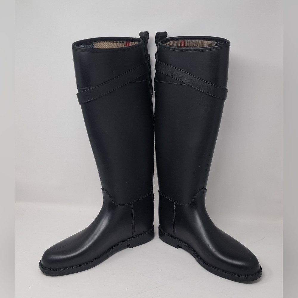 Burberry Women's Rain Boots Knee High Equestrian Black Belt Italy 36 EU 6 US - Picture 12 of 13